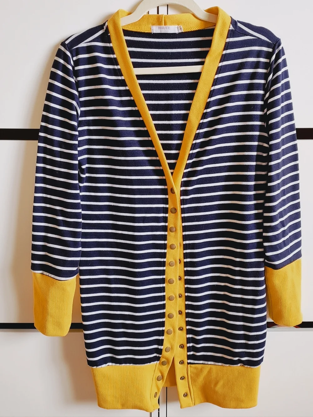 Navy and White Long Striped Cardigan with Yellow Trim - Picture 2 of 8